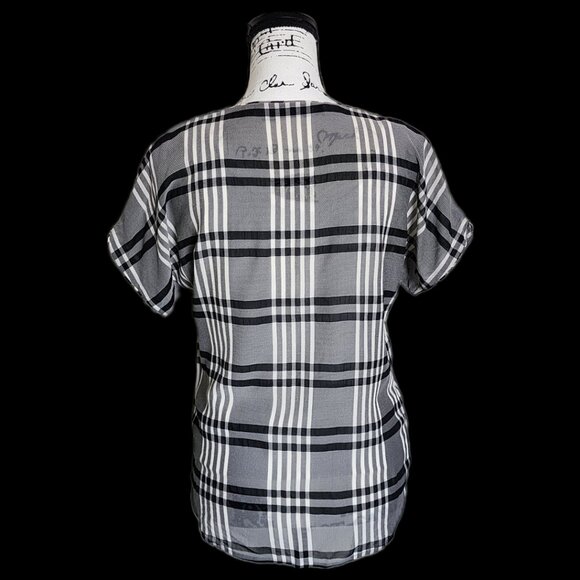 Silk Plaid Windowpane Short Cap Sleeves Round Neck Blouse by Mary Ann Restivo - Picture 3 of 10